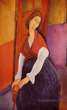  hebuterne Painting - jeanne hebuterne in front of a door 1919 Amedeo Modigliani